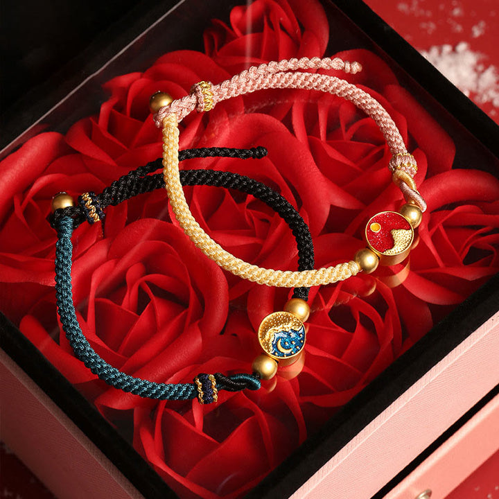 Pulsera de pareja de cuerdas de dos colores con Buddha Stones hechas a mano con grabado de montaña y mar de la suerte