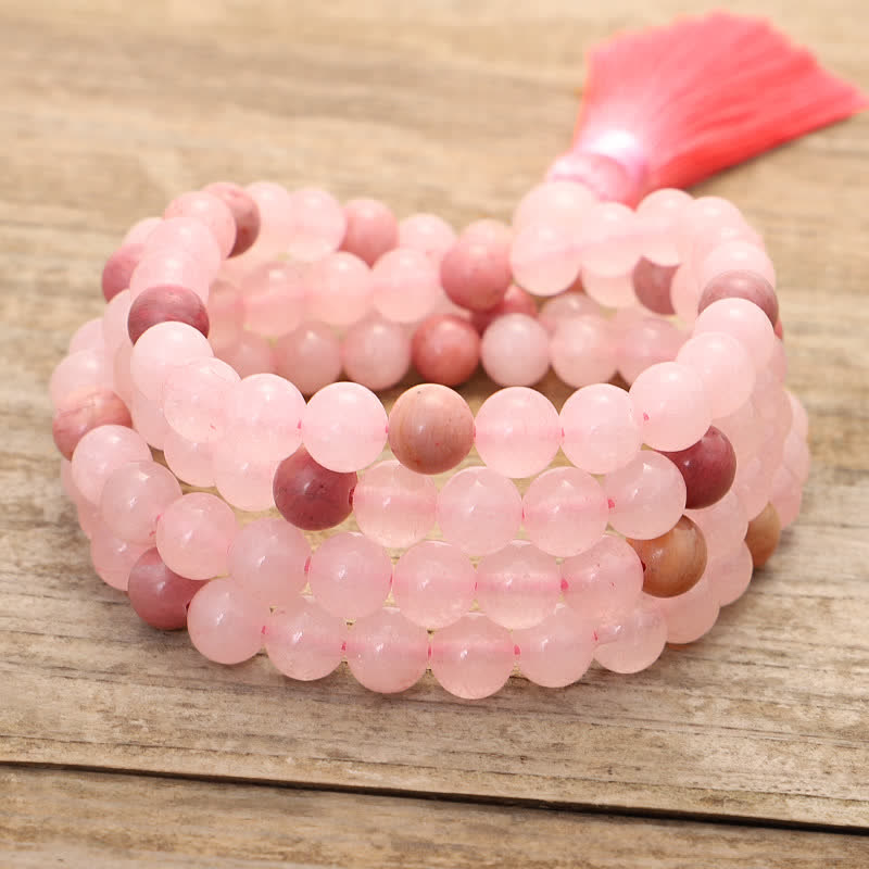 Pulsera con borlas de amor de cristal rosa de 108 cuentas Mala