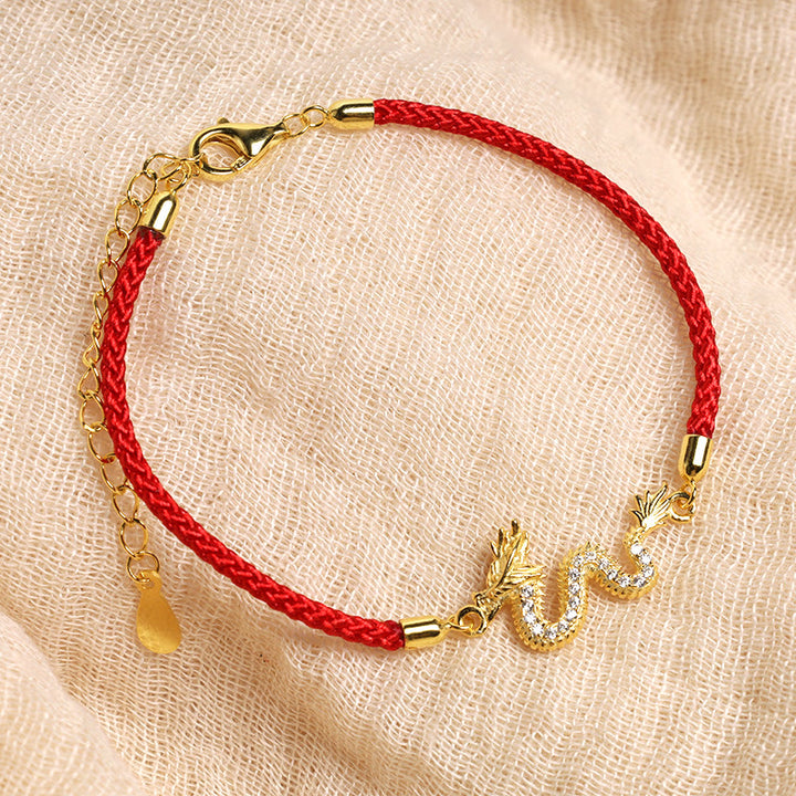 Pulsera de cadena de cuerda roja de la suerte del dragón dorado del Año del Dragón de Plata de Ley 925 con Buddha Stones