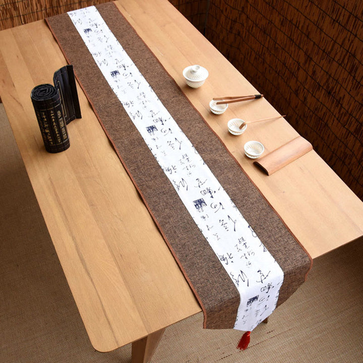 Camino de mesa con borlas de lino y algodón, Buddha Stones, estilo chino clásico, loto, pez Koi, flor, grulla, caligrafía, iluminación