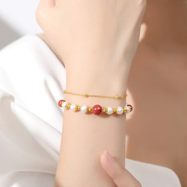 Pulsera de cadena de doble capa con cuentas de sabiduría de cinabrio y perlas de plata de ley 925 con Buddha Stones