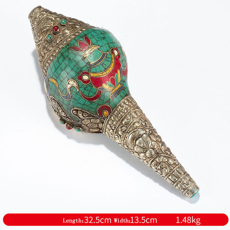 Tibetano hecho a mano Shankha Om Mani Padme Hum Buda Avalokitesvara turquesa Concha decoración positiva