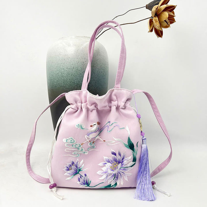 Buddha Stones Suzhou bordado Lotus Deer Epiphyllum peonía conejo algodón lino bolso bandolera bolso de hombro