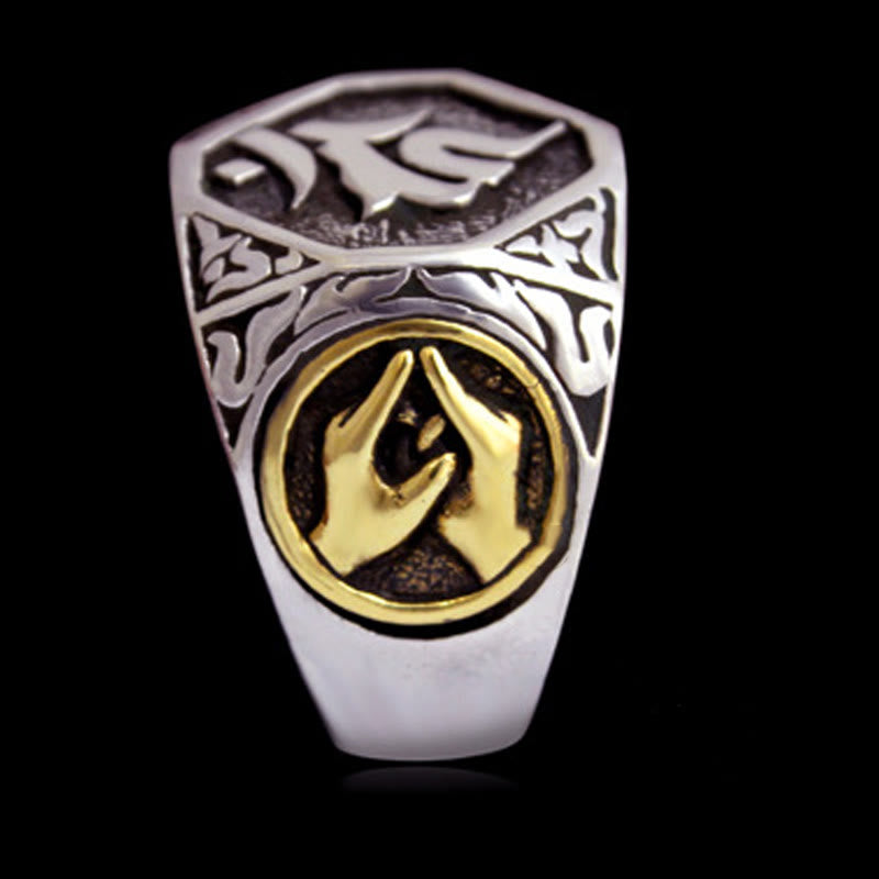 Anillo ajustable de protección tallada con diseño sánscrito de plata de ley 925 con Buddha Stones