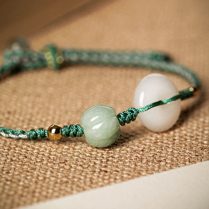 Pulsera trenzada de bendición de la suerte con cuentas de calabaza y hebilla de la paz de jade blanco con Buddha Stones