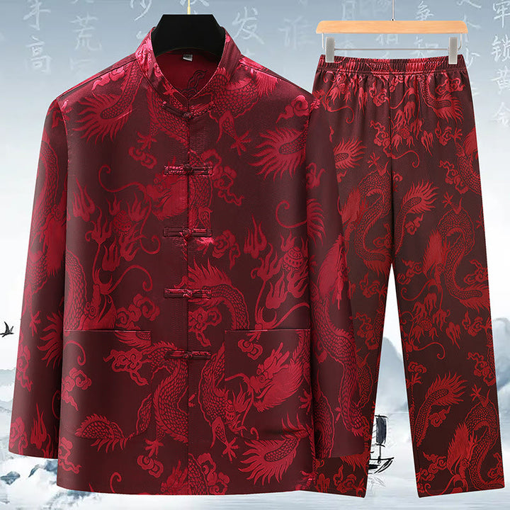 Traje Tang de Buddha Stones Hombres Hanfu Dragón Chino Ropa Tradicional Camisa de Kung Fu Uniforme Abrigo de Manga Larga Tops y Pantalones Ropa Conjunto para Hombres - Vino tinto - US/UK/AU42, EU52 (3XL) - image 14