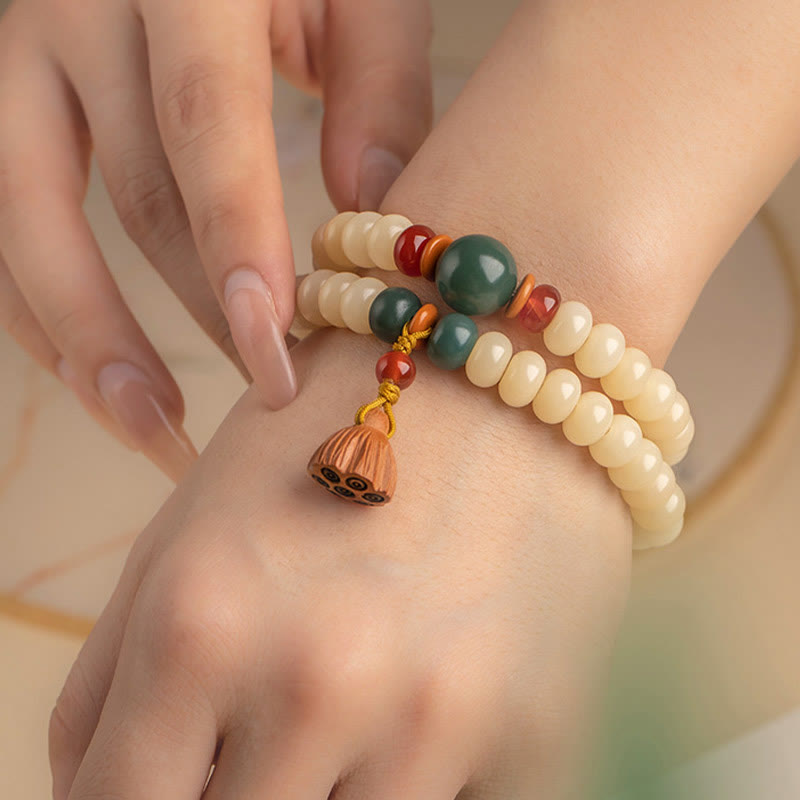 Pulsera de doble vuelta con diseño de vaina de loto y semillas de Bodhi de Buddha Stones