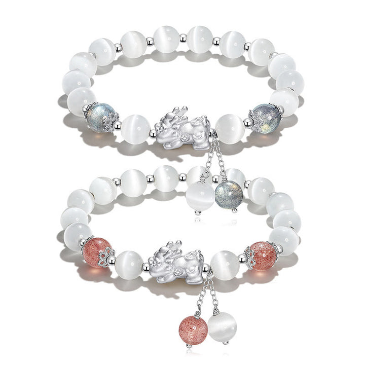 Pulsera de soporte PiXiu de cuarzo fresa, piedra lunar, ojo de gato natural, Buddha Stones
