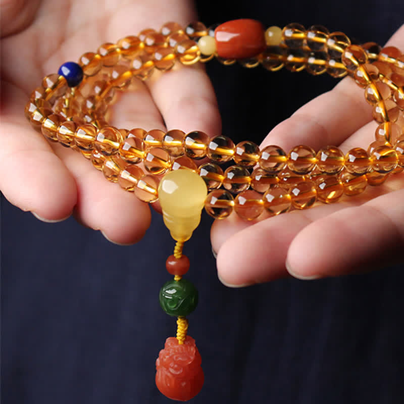 108 cuentas de Mala, citrino Natural, ámbar, hebilla de la paz, ágata roja, pulsera de protección PiXiu