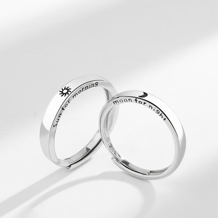 Anillo de pareja ajustable con protección solar y luna de plata de ley 925 con Buddha Stones