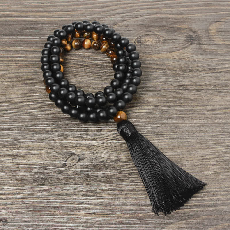 Buddha Stones Ónix negro Ojo de tigre Pulsera de la fortuna Collar con borlas Colgante