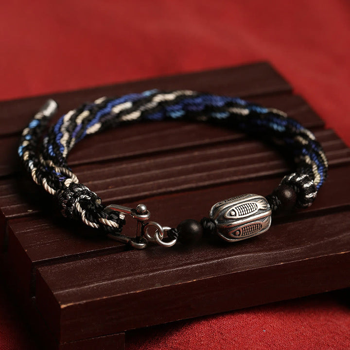 Pulsera de hilo trenzado con nudo de reencarnación de riqueza de peces Koi de plata de ley 925 con Buddha Stones