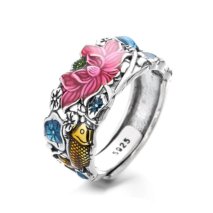 Anillo de prosperidad de flor de loto con pez koi de plata de ley 925 con Buddha Stones