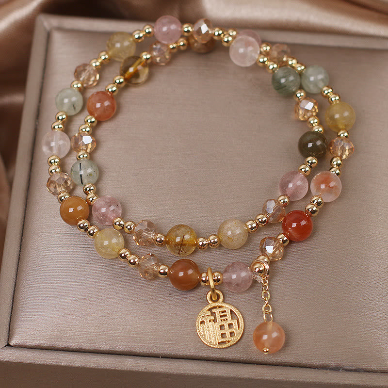 Pulsera auspiciosa con carácter Fu de cuarzo rutilado multicolor con Buddha Stones
