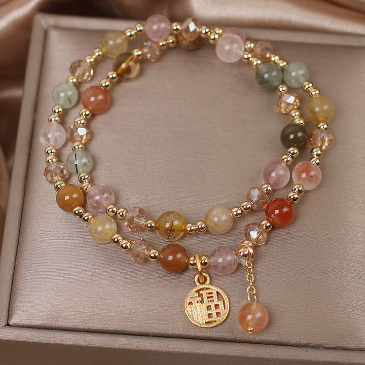 Pulsera auspiciosa con carácter Fu de cuarzo rutilado multicolor con Buddha Stones