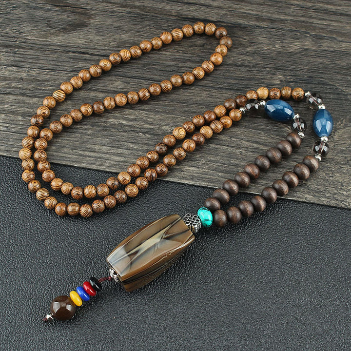 Buddha Stones, colgante de collar de paz de equilibrio de ágata de semilla Bodhi de madera de wengué tibetano