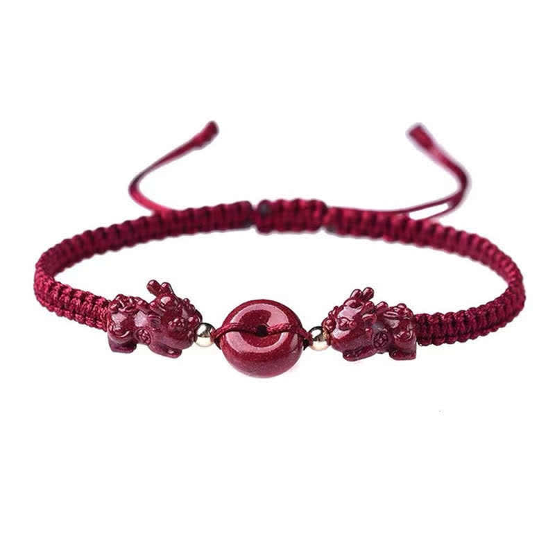 Pulsera de hilo rojo con hebilla de paz y moneda de cobre con bendición de PiXiu y cinabrio de Buddha Stones