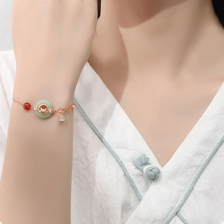 ❗❗❗Una venta flash: Buddha Stones, año del dragón, plata de ley 925, hebilla de paz de jade hetiano, pulsera de la suerte con personaje de dragón riendo Fu
