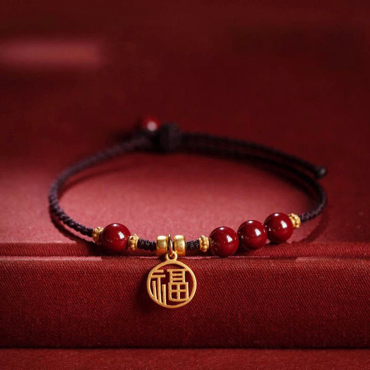 Pulsera de hilo trenzado con cuentas de cinabrio y Buddha Stones , abalorio con carácter Fu