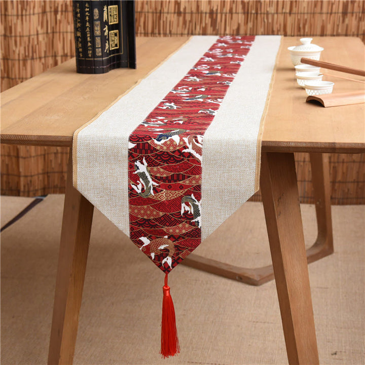 Camino de mesa con borlas de lino y algodón, Buddha Stones, estilo chino clásico, loto, pez Koi, flor, grulla, caligrafía, iluminación