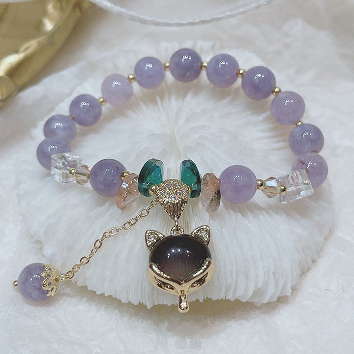 Pulsera de la felicidad con dije de zorro de jade púrpura natural con Buddha Stones