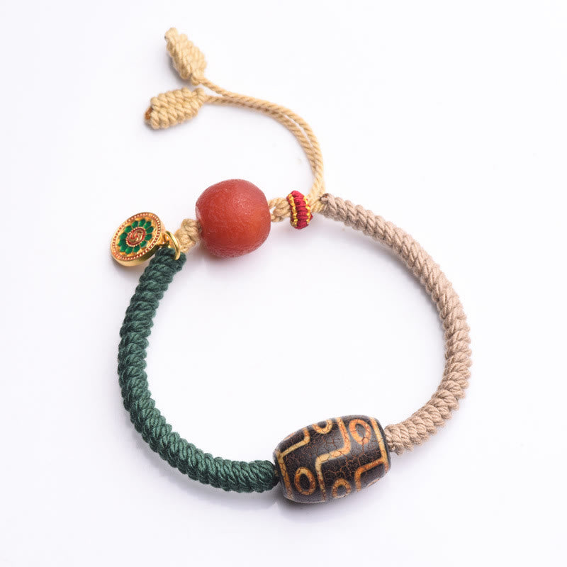 Pulsera de cuerda de riqueza con cuentas Dzi tibetanas de nueve ojos hechas a mano con Buddha Stones