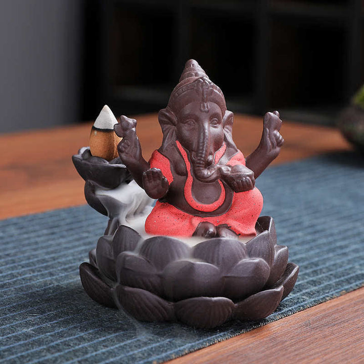 Quemador de incienso de protección de fuente de humo de reflujo de arcilla púrpura elefante Ganesh