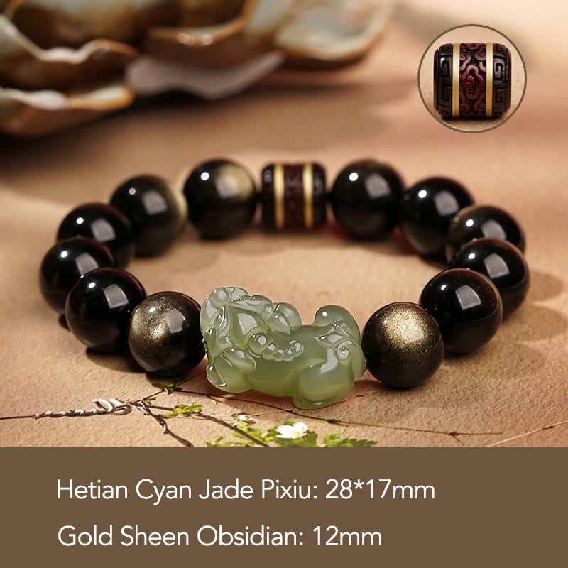 Buddha Stones Brillo de oro natural Obsidiana Hetian Cian Jade Blanco Jade PiXiu Pulsera de riqueza