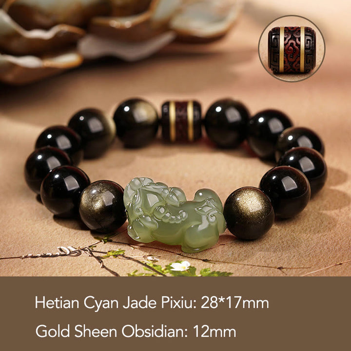 Buddha Stones Brillo de oro natural Obsidiana Hetian Cian Jade Blanco Jade PiXiu Pulsera de riqueza