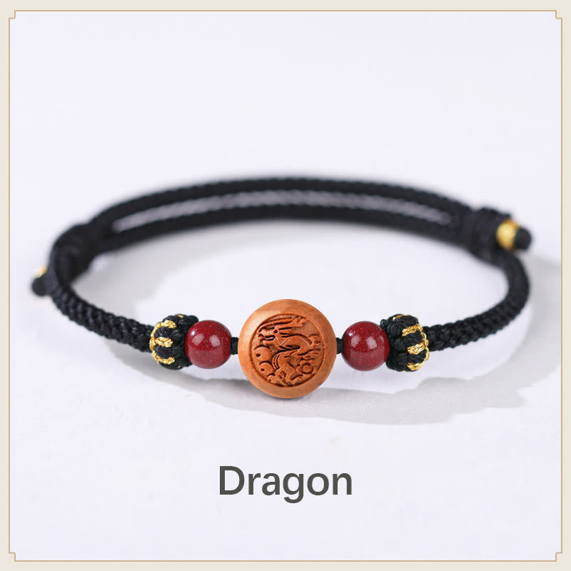 Pulsera de riqueza de cinabrio tallada con carácter del zodíaco chino, madera de melocotón Natural, Buddha Stones