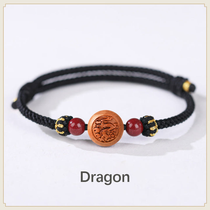 Pulsera de riqueza de cinabrio tallada con carácter del zodíaco chino, madera de melocotón Natural, Buddha Stones