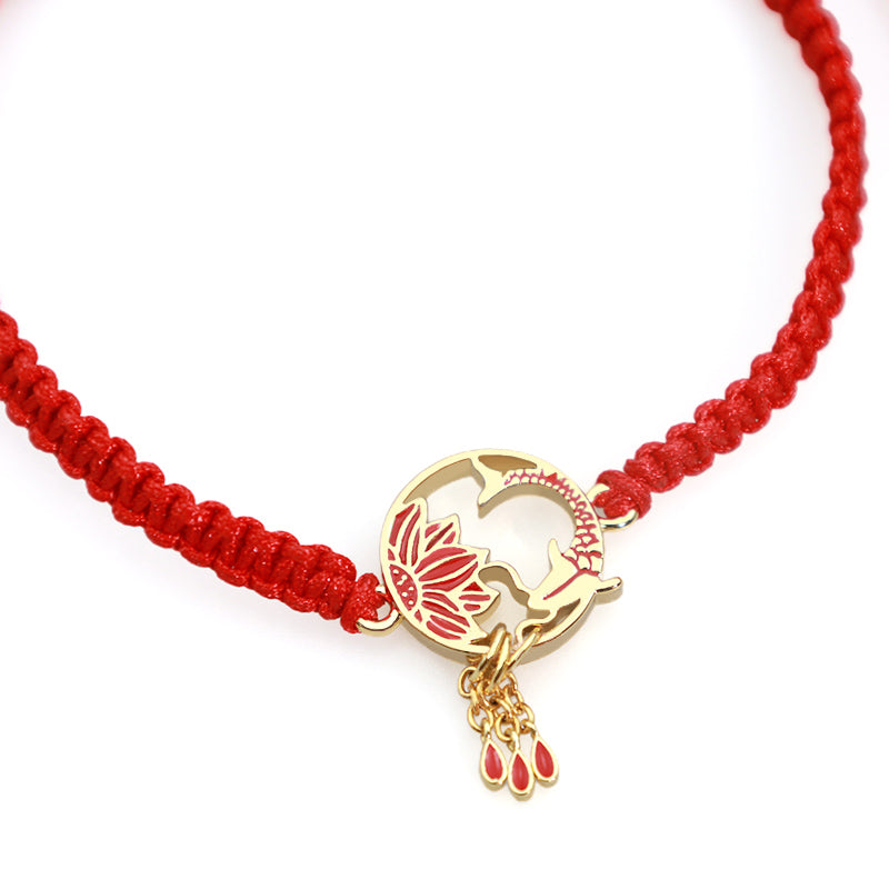 Pulsera de hilo rojo de la suerte con pez Koi de loto hecho a mano tibetano con Buddha Stones
