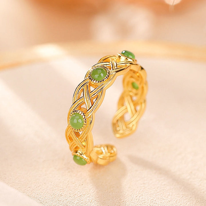 Anillo ajustable con diseño trenzado de jade cian y oro chapado en plata de ley 925 con Buddha Stones
