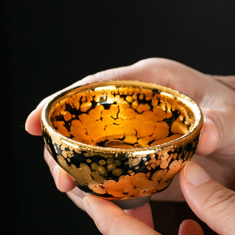 Taza de té de cerámica Jianzhan chino con diseño de manchas de oro de 24K, Buddha Stones , tazón de taza de té de Kung Fu con caja de regalo
