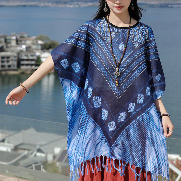 Jersey suave con chal Batik de rayas triangulares azules con Buddha Stones 90*95cm