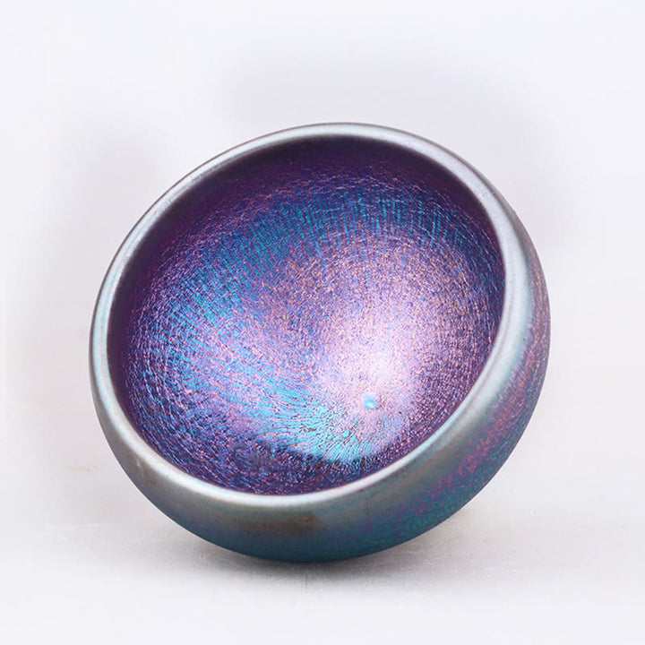 Taza de té de cerámica Jianzhan chino con diseño de arcoíris Aurora hecha a mano con Buddha Stones , taza de té Tenmoku Kung Fu