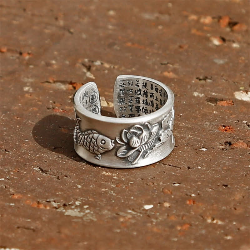 Anillo de plata de ley 999 con diseño de corazón de loto y pez koi de la suerte