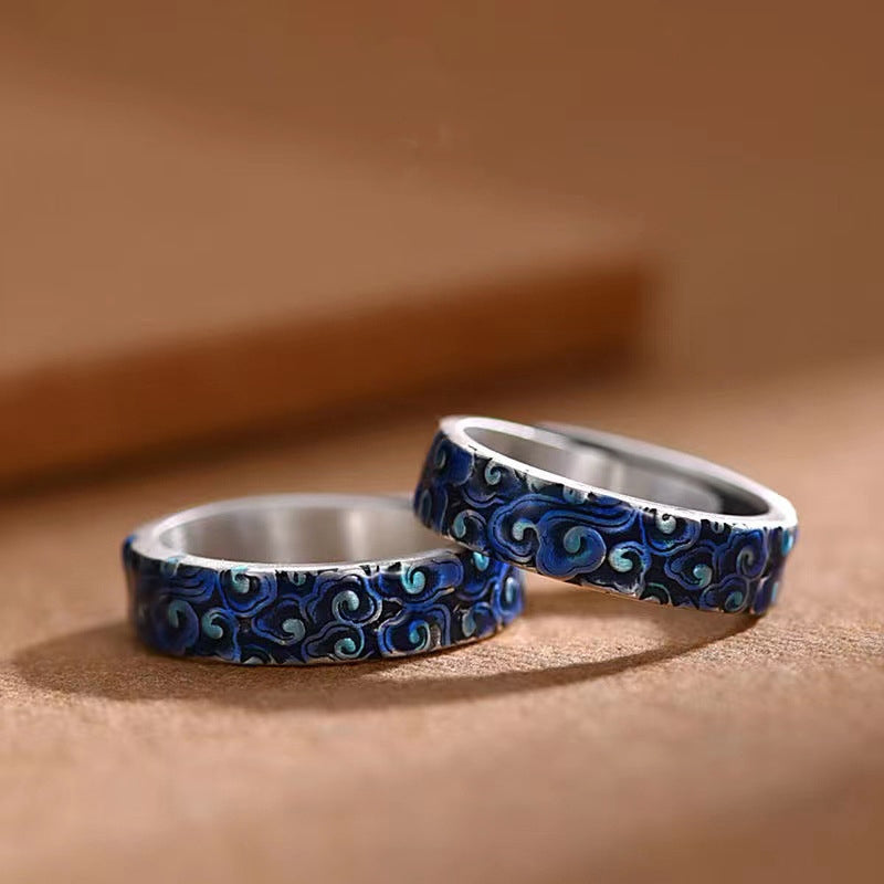 Anillo ajustable de cobre curativo con diseño de nubes auspiciosas azules con Buddha Stones