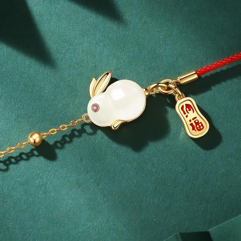 Buddha Stones Año del Conejo Jade Blanco Felicidad Pulsera de Cadena de Hilo Rojo