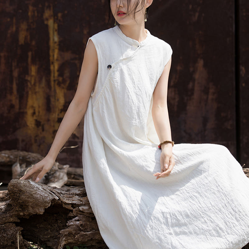 Vestido midi teñido anudado hecho a mano con Buddha Stones Vestido sin mangas de lino