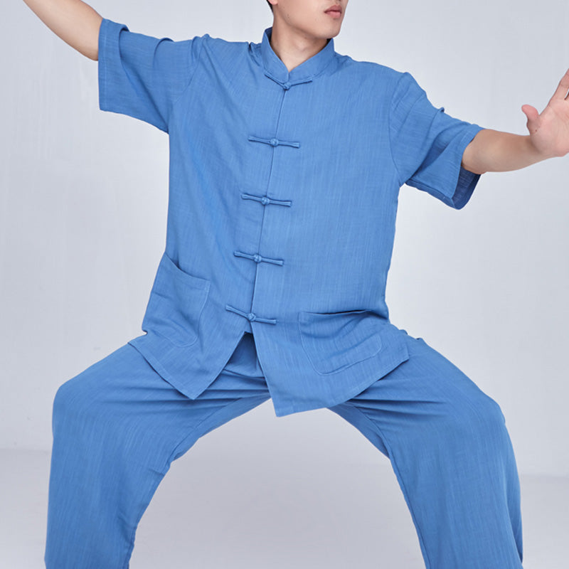 Conjunto de ropa unisex con bordado de Buddha Stones para meditación, oración zen, práctica espiritual de tai chi y qigong - Manga corta azul - US14, UK/AU18, EU46 (3XL) - image 34