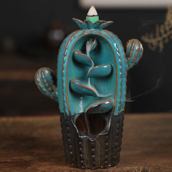 Quemador de incienso de fuente de humo de reflujo curativo de cerámica de Cactus