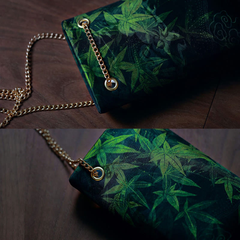Bolso bandolera con cadena de metal caqui y hoja de arce pequeña con Buddha Stones , bolso de hombro, bolso para teléfono móvil