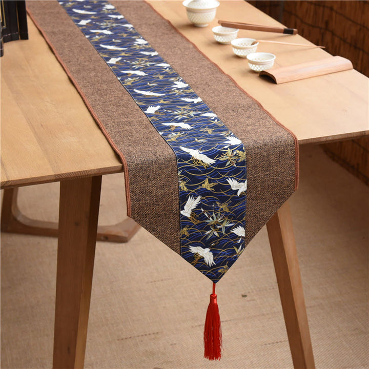 Camino de mesa con borlas de lino y algodón, Buddha Stones, estilo chino clásico, loto, pez Koi, flor, grulla, caligrafía, iluminación