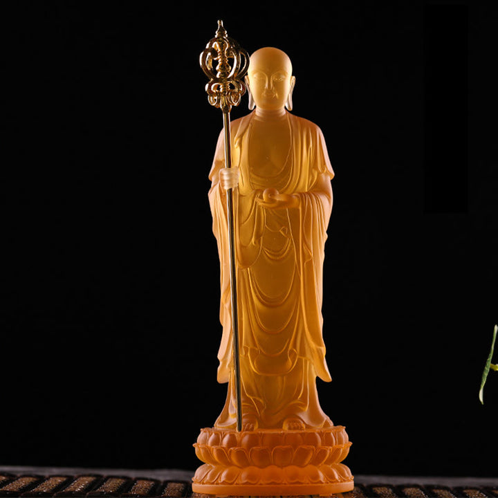 Buddha Stones hechas a mano, estatuilla de Bodhisattva Ksitigarbha, pieza de arte de cristal Liuli, estatua de serenidad, decoración del hogar