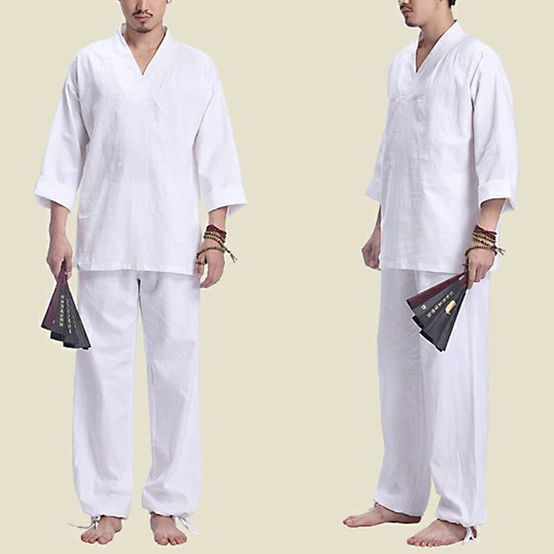 Conjunto de ropa de yoga para hombre con cuello en V, diseño de algodón y lino con Buddha Stones para meditación y oración - image 15