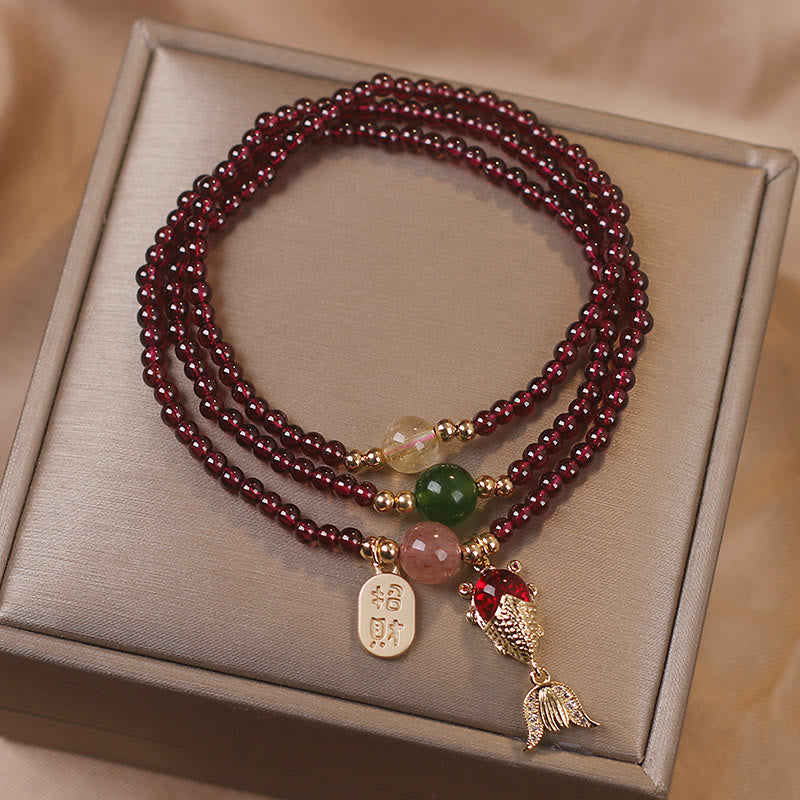 Pulsera de triple envoltura con Buddha Stones, granate Natural, fresa, cristal de cuarzo, zorro, pez Koi, hebilla de la paz, protección de la fortuna