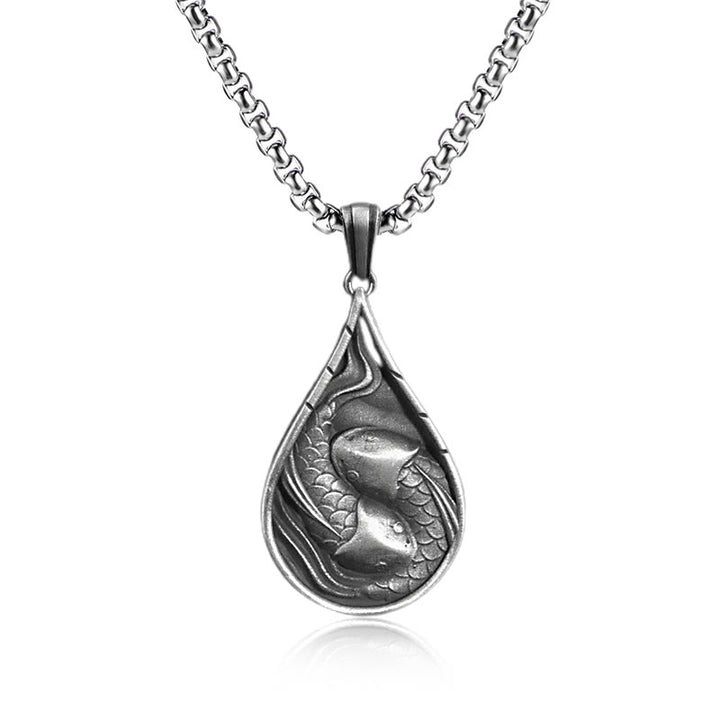 Colgante de collar con diseño de gota de agua de estaño puro, pez Koi de la suerte doble, Buddha Stones - Colgante de pez koi y cadena común - image 3