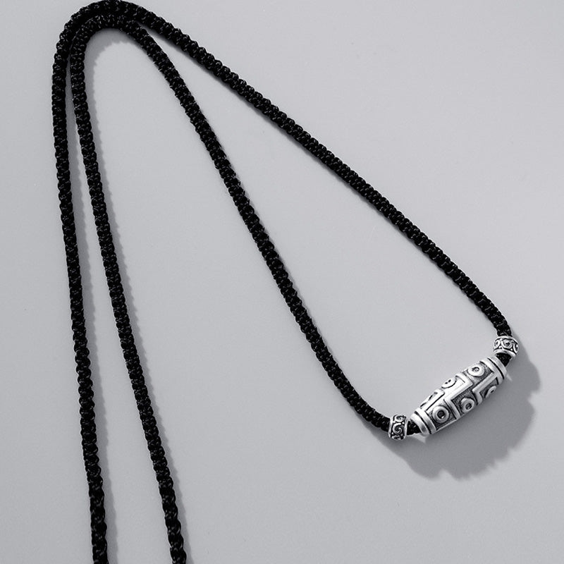 Collar con colgante de cuerda de protección con diseño de cuentas Dzi de nueve ojos de plata de ley 999 con Buddha Stones