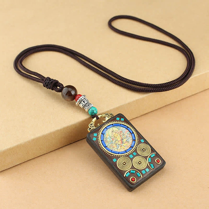 Colgante de collar de paz de ébano Thangka, dios de la riqueza del Tíbet, Buddha Stones